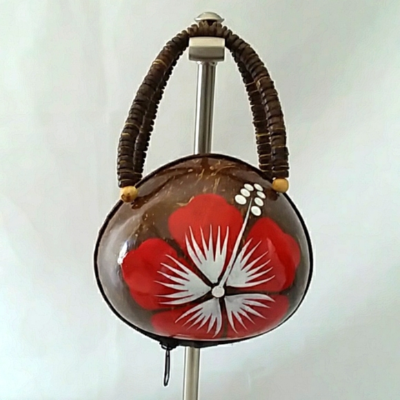 VINTAGE COCONUT HIBISCUS BAG HANDPAINTED CARVED HULL HANDLES - Picture 2 of 8